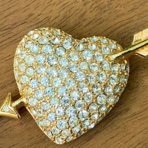 Swarovski Arrow Pierced Heart Brooch Clear Crystal Stones Gold Tone Swan Stamped
